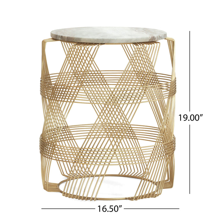 Round Table With Marble Top And Metal Base - Gold / Natural