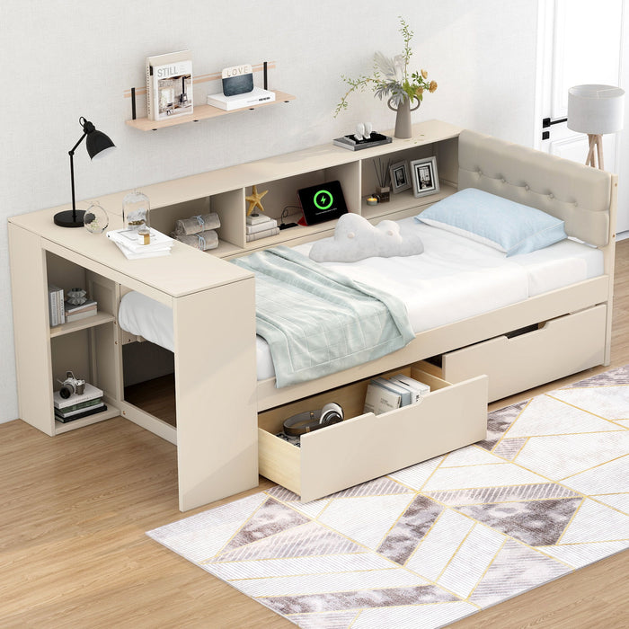 Upholstered Headboard Platform Bed With Storage Shelves, Drawers, Charging Station