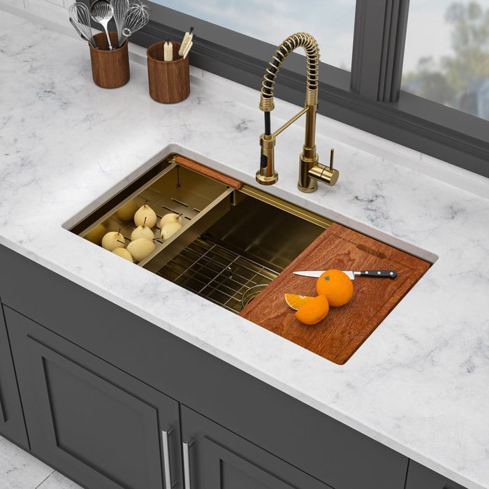 Gold Stainless Steel Undermount Kitchen Sink With Workstation 33 X 19 X 10 Inch, 16 Gauge Deep Bowl