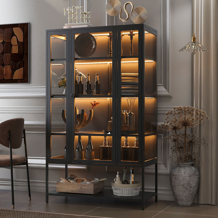 Modern Steel Display Cabinet With LED Lights And Glass Door For Home Or Workspace - Black