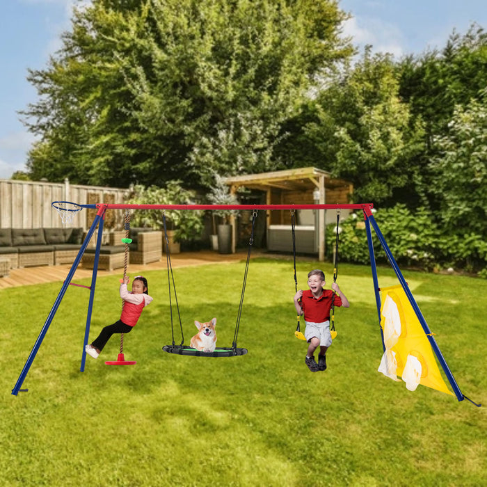 5 In 1 Swing Set With Textilene Swing And Tree Swing Disc Metal Plastic Safe Swing Seat For Outdoor Playground - Blue / Green
