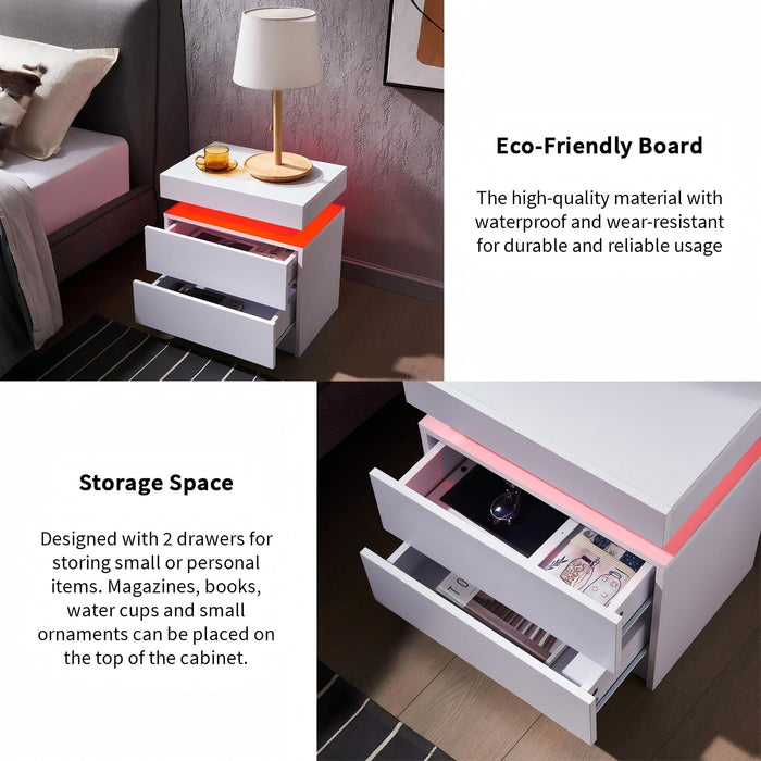 Modern LED Bedside Table Cabinet With Adjustable Lights And 2 Drawers - White
