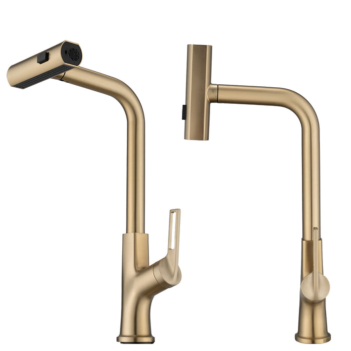 Kitchen Waterfall Faucet With Pull Down Sprayer, Single Handle, 360° Rotating Zinc Alloy