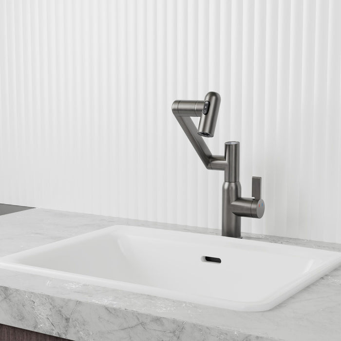 Bathroom Sink Faucet With Spray Function And Temperature Display, Anti Skid Switch, 360 Degree Rotary
