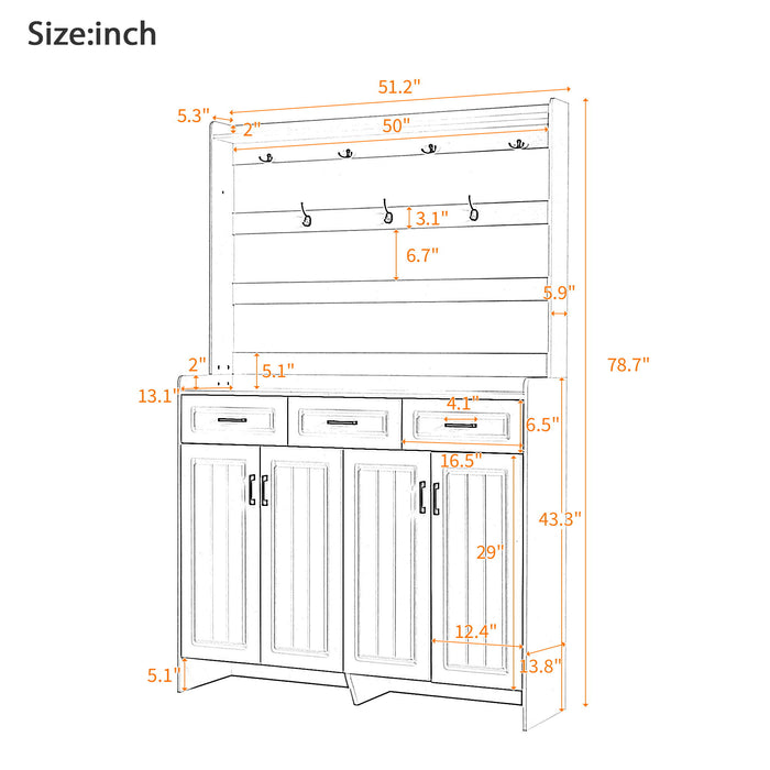 Minimalist 4 Door Shoe Cabinet With Coat Rack, 3 Drawers, 8 Shelves, Metal Hooks And Handles