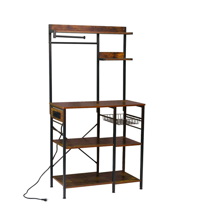 Bakers Rack With Power Outlet, Coffee Bar With S-Shaped Hooks, Kitchen Shelf With Wire Basket - Black / Brown
