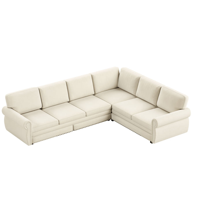 L-Shaped Sofa Couch With Pull Out Bed With Nailhead Trim & Rolled Arm