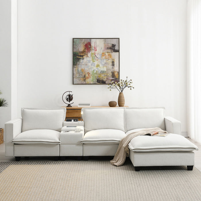 Modern Sectional Cloud Sofa With Console USB Charger Reading Light Cup Holder, Wide Seat 4 Seat Modular Couch Storable Indoor Funiture