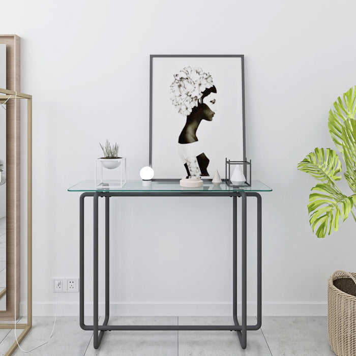 Console Table Single Layer Tempered Glass Rectangular Porch Table Black Leg Double Tempered Glass Tea Table