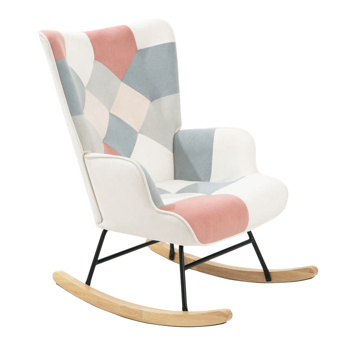 Accent Rocking Chair, Mid-Century Fabric Rocker Chair With Wood Legs And Patchwork Linen For Livingroom Bedroom - Pink