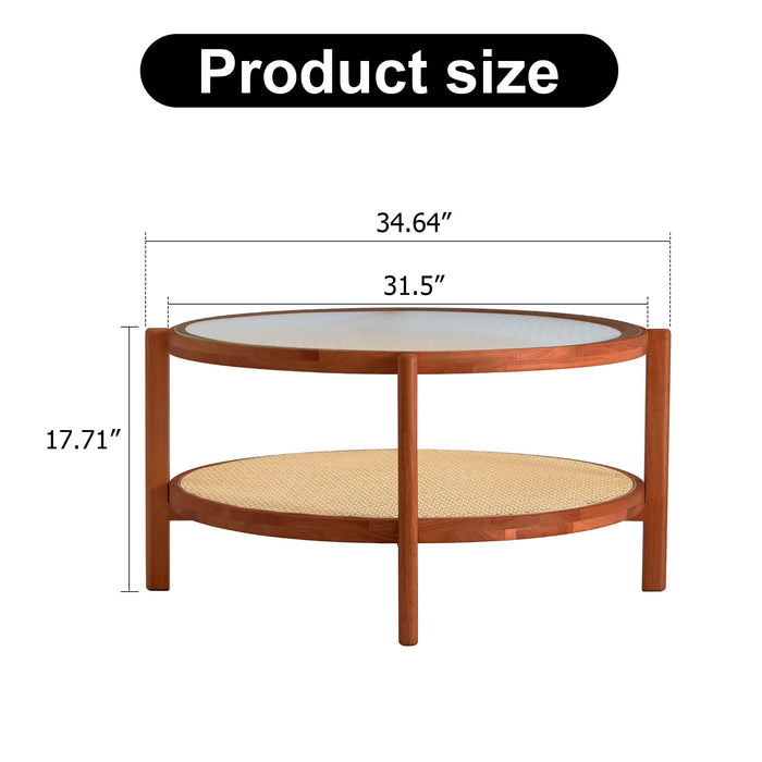 Modern Minimalist Circular Double Layer Solid Wood Coffee Table With Glass Top, Rattan Layer - Walnut