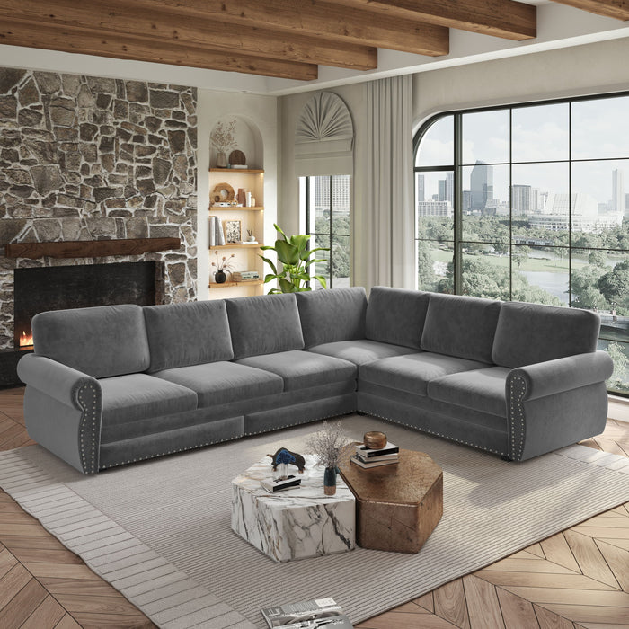 L-Shaped Sofa Couch With Pull Out Bed With Nailhead Trim & Rolled Arm