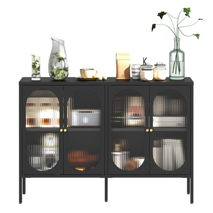 Modern Metal Sideboard Cabinet With 4 Glass Doors, Steel Kitchen Storage And Coffee Bar Cabinet - Black