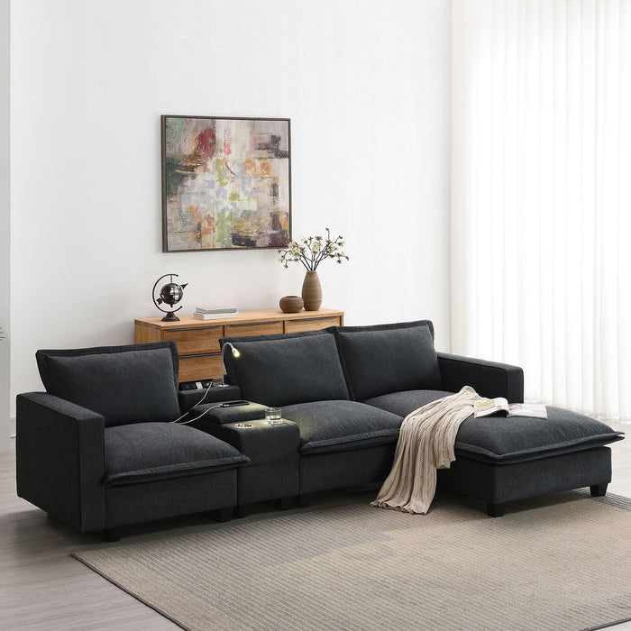 Modern Sectional Cloud Sofa With Console USB Charger Reading Light Cup Holder, Wide Seat 4 Seat Modular Couch Storable Indoor Funiture