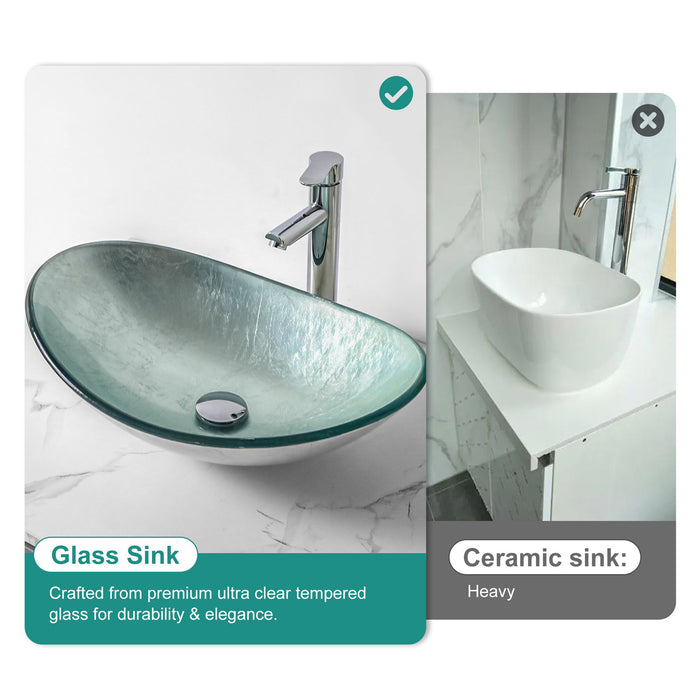 Tempered Glass Vessel Sink With Boat Shape Pop-Up Drain