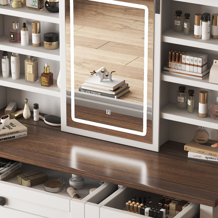 Farmhouse Makeup Vanity Desk With Sliding Mirror, LED Lights, And Storage Glass, Metal, And Wood Construction - White