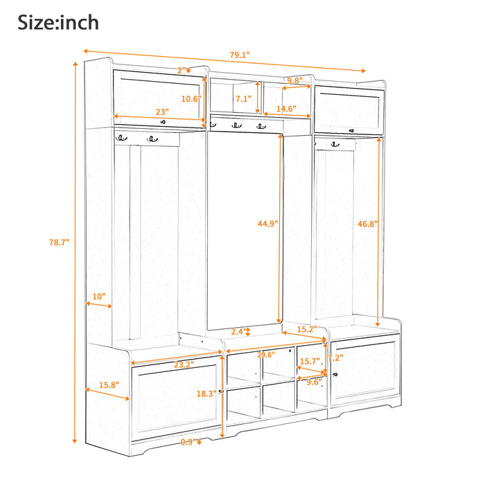Wide Hall Tree With Shoe Storage, 4 In 1 Entryway Bench With 8 Cubbies, 7 Coat Hooks & Adjustable Shelf For Hallway - White
