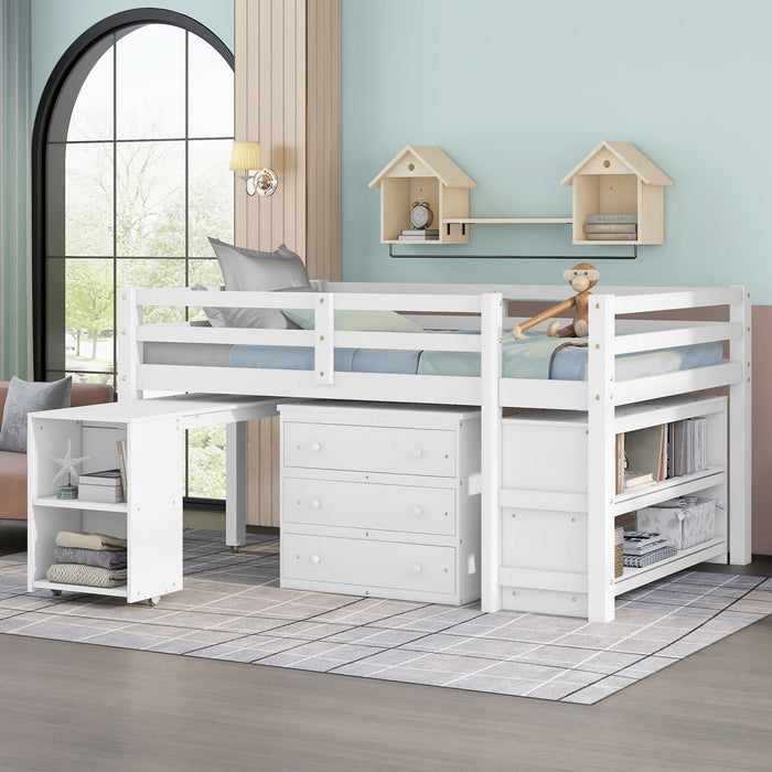 Loft Low Study Bed With Cabinet, Shelves And Rolling Portable Desk, Multiple Functions