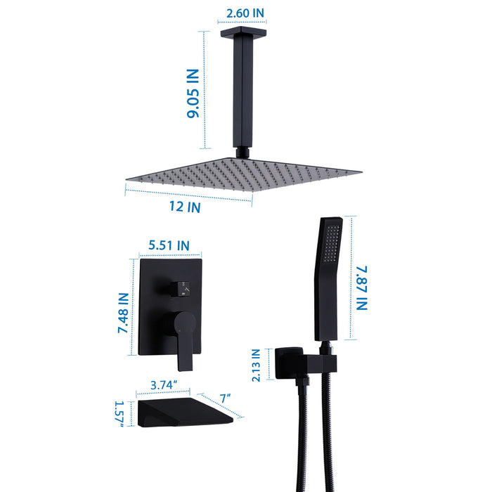Contemporary Shower System With 12" Rainfall Head And Handheld Spray, Wall Mounted - Matte Black