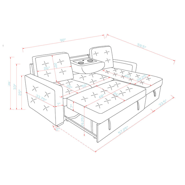 Gustavo - Sofa, Pull Out Bed, Storage Chaise, USB And Cup Holders - Beige