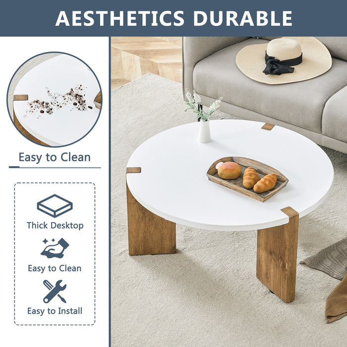 Minimalist Circular Coffee Table With Embedded Leg Design - White / Wood