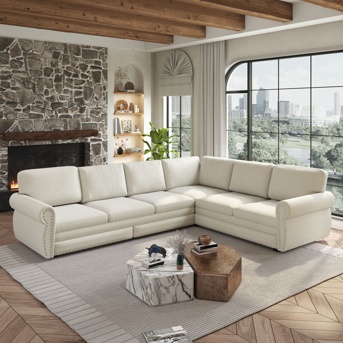 L-Shaped Sofa Couch With Pull Out Bed With Nailhead Trim & Rolled Arm