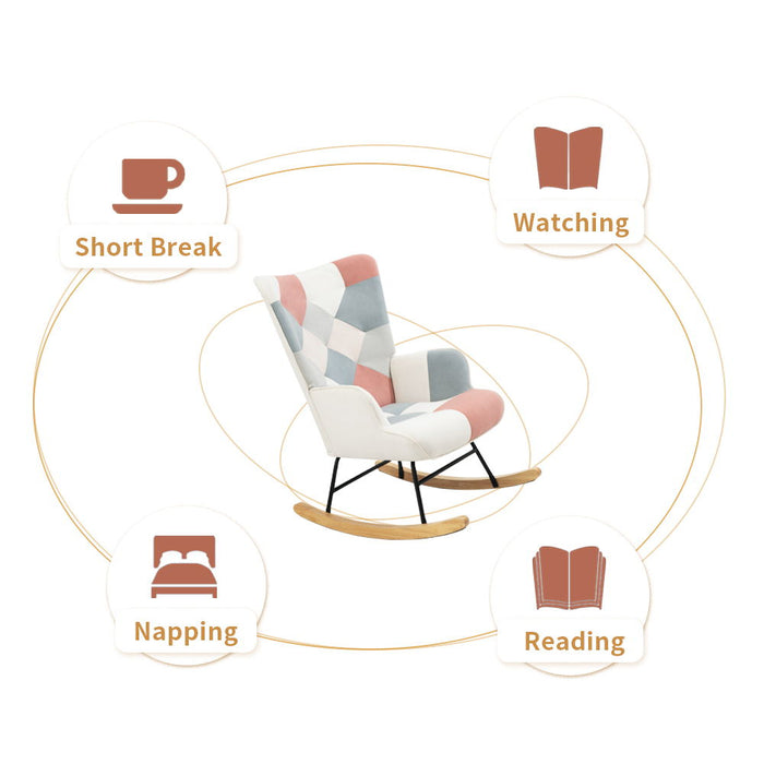 Accent Rocking Chair, Mid-Century Fabric Rocker Chair With Wood Legs And Patchwork Linen For Livingroom Bedroom - Pink