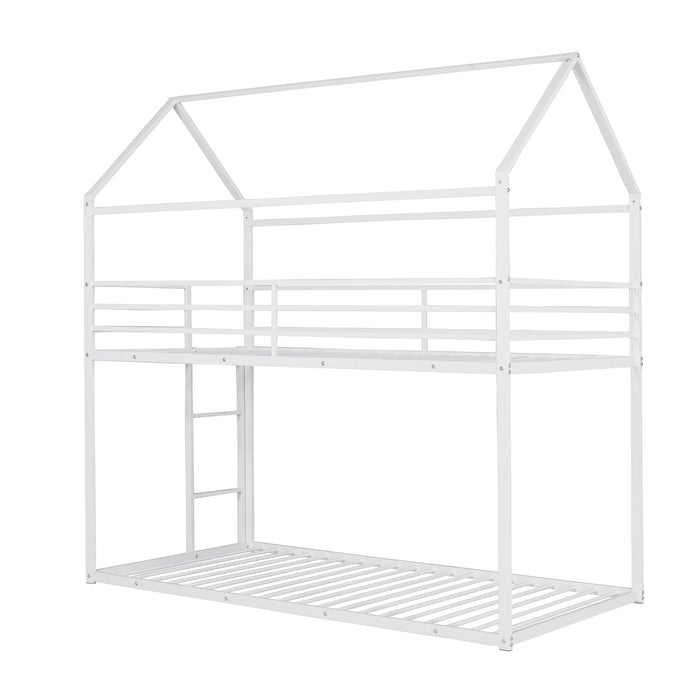 House Bunk Bed Metal Bed Frame Built-In Ladder, No Box Spring Needed