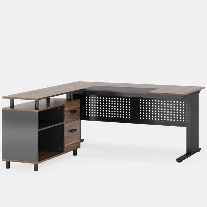 L-Shaped Executive Desk With File Cabinet , Office Workstation With Drawers, Shelves & Storage