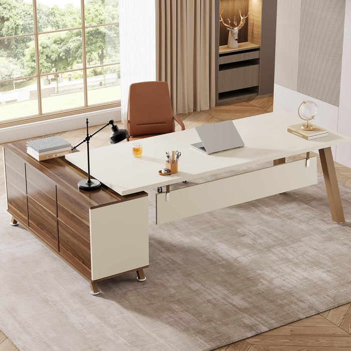 L-Shaped Executive Desk With File Cabinet, Computer Workstation With Drawers And Shelves For Home Office - White / Walnut