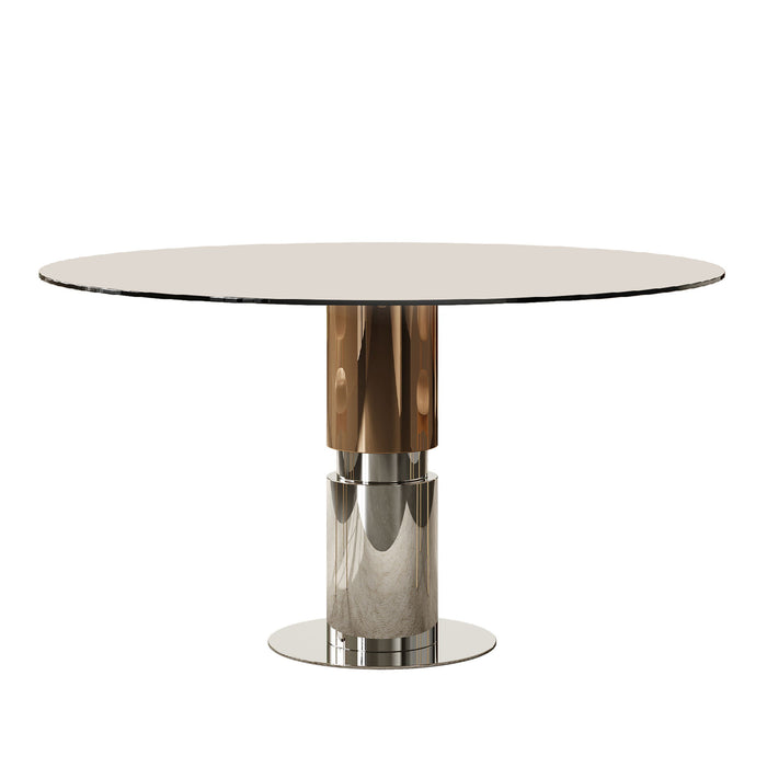 Round Glass Dining Table With Stainless Steel Legs And Chairs