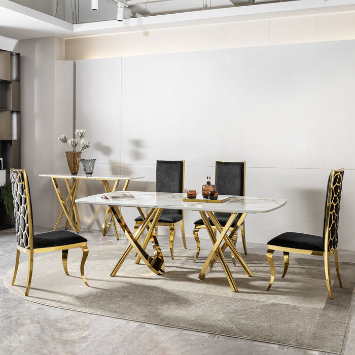 Marble Pattern Dining Table With Stainless Steel Base, Rectangular, Seats 6 Or 8 - Gold