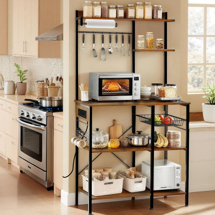 Bakers Rack With Power Outlet, Coffee Bar With S-Shaped Hooks, Kitchen Shelf With Wire Basket - Black / Brown