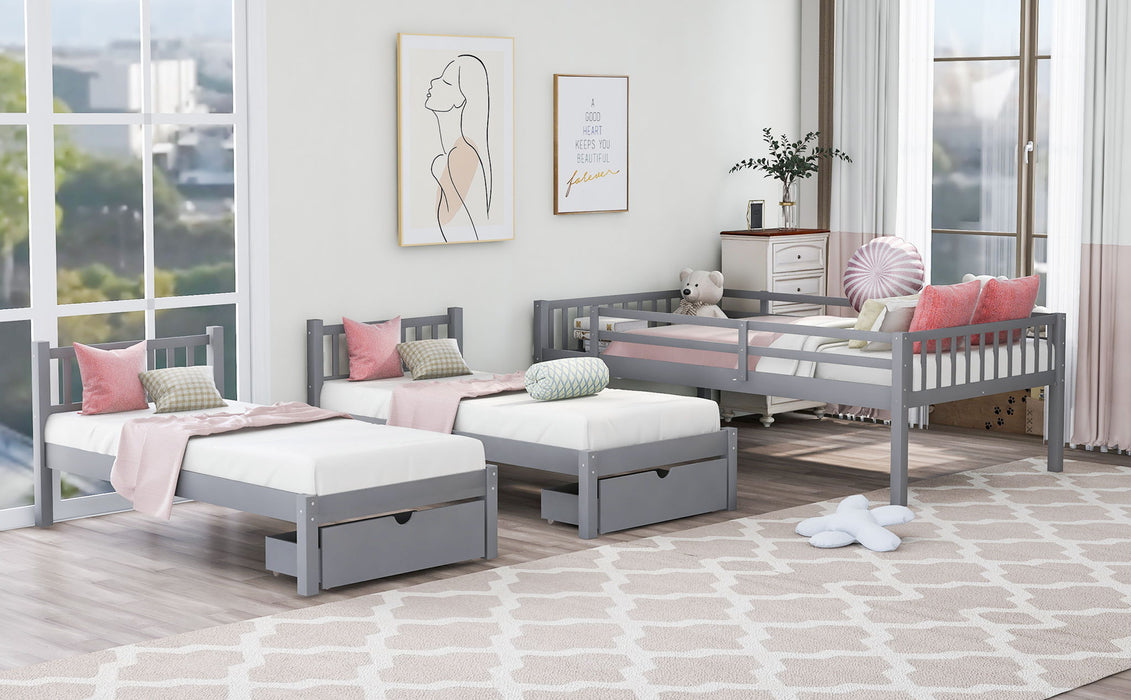 Triple Bunk Bed With Drawers And Guardrails