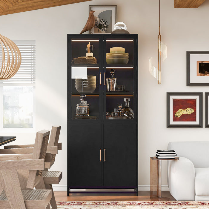 Modern Style Tall Steel Display Cabinet With Double Glass Doors, LED Lights