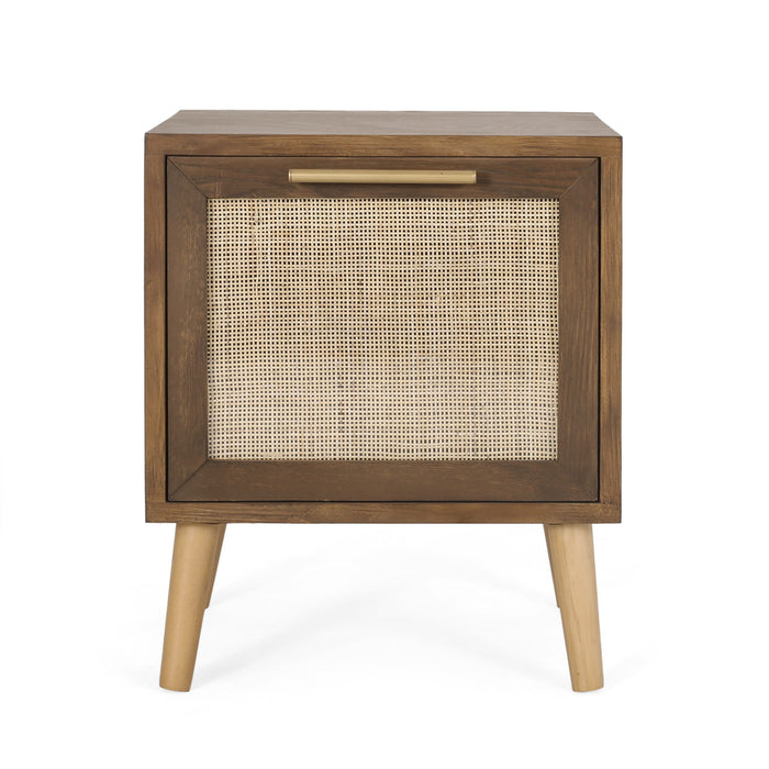 Contemporary End Table With Rattan - Walnut
