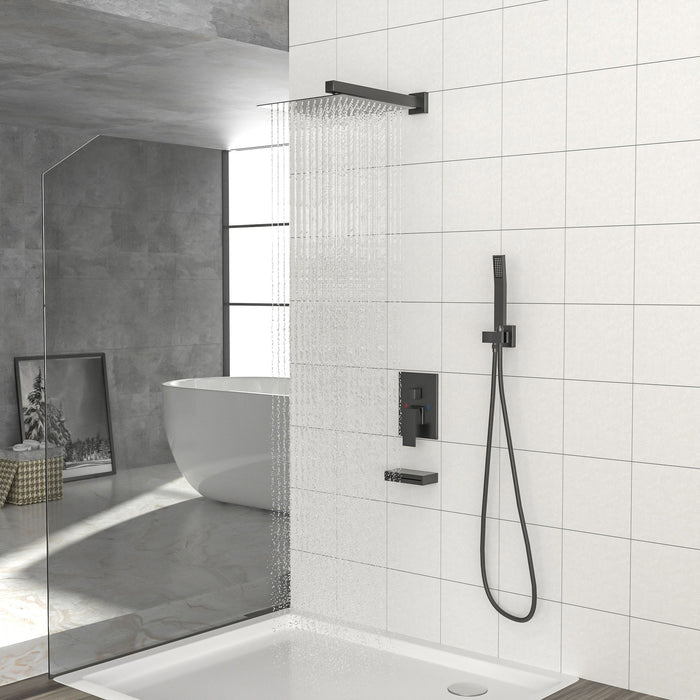 Wall Mounted Square Shower System With Waterfall Tub Spout And Rough In Valve - Matte Black