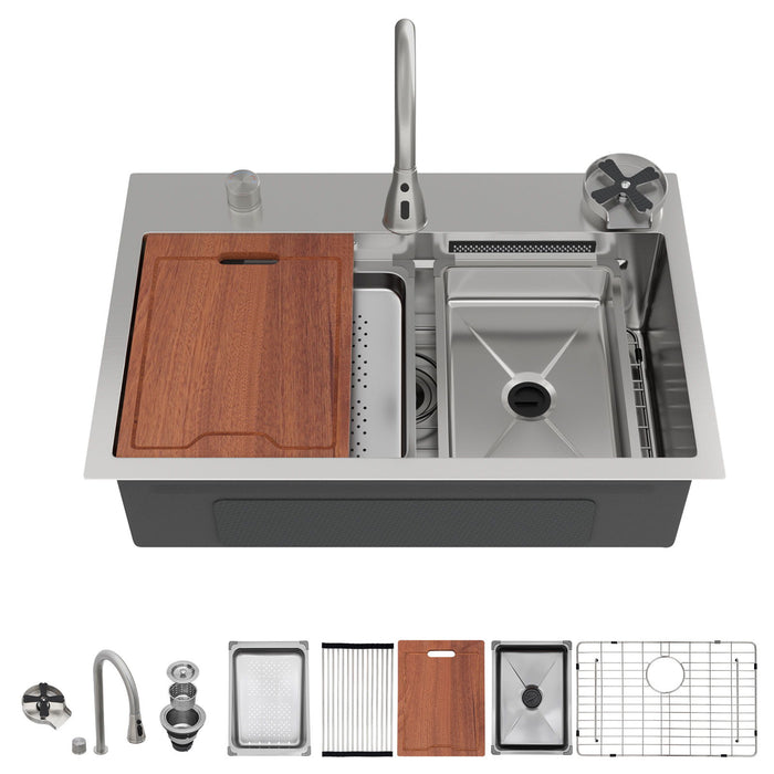 Drop In Waterfall Kitchen Sink With Pull Out Faucet & Cup Washer