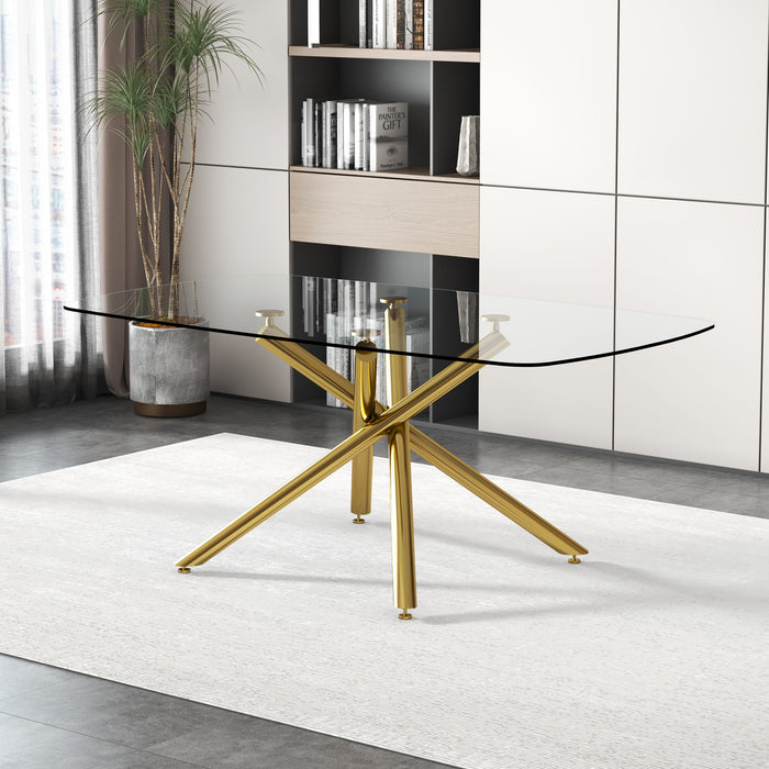Modern Minimalist Glass Dining Table With 0.39" Tempered Glass Top & en Metal Legs For 6 - 8 People - Golden
