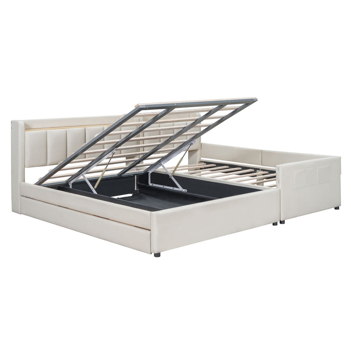 Upholstered Mother & Child Bed With Hydraulic Storage System, Drawer Box, Bedhead Storage Shelf And 2 Pairs Of Sockets & USB Ports