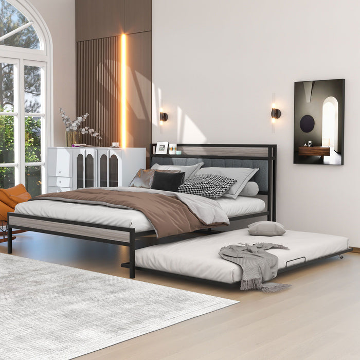 Platform Bed Frame With Trundle, USB Ports And Slat Support, No Box Spring Needed