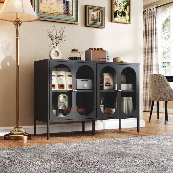 Modern Metal Sideboard Cabinet With 4 Glass Doors, Steel Kitchen Storage And Coffee Bar Cabinet - Black