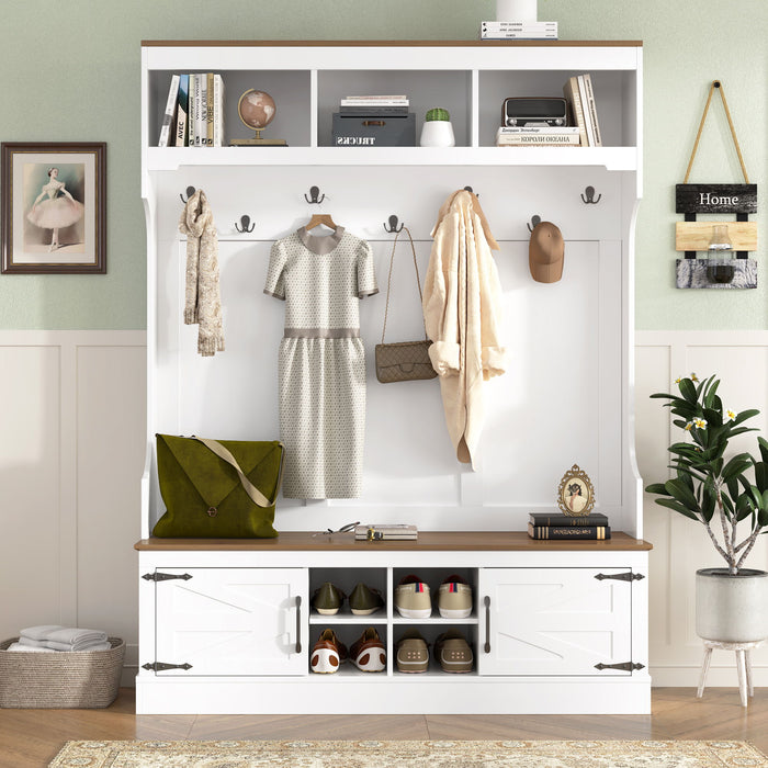 Hall Tree With Bench And Shoe Storage, 5 In 1 Entryway Organizer Cabinet With Coat Rack, 4 Shoe Cubbies & 7 Hooks - White
