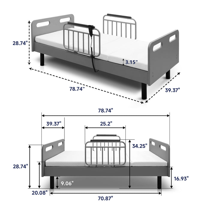 Electric Adjustable Hospital Bed For Home Use With Wired Remote Control, Memory Foam Mattress - Gray / White