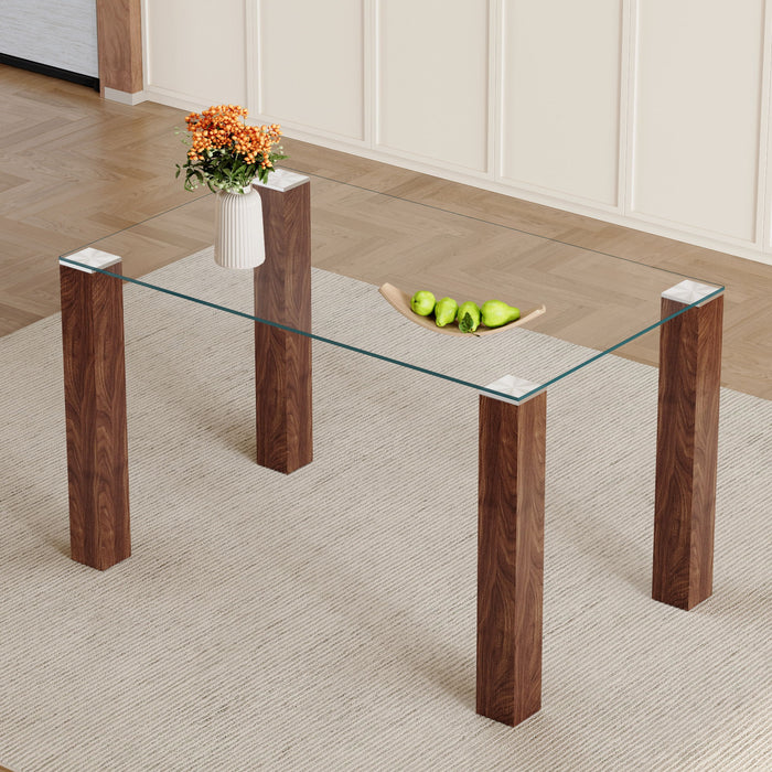 Transparent Tempered Glass Dining Table With Wood Grain Legs - Transparent / Walnut