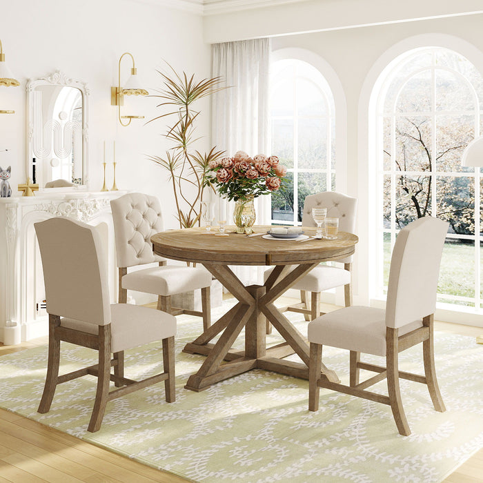 Functional Furniture Retro Style Dining Table Set With Extendable Table And 4 Upholstered Chairs For Dining Room And Living Room