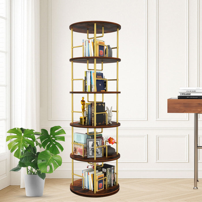 5 Tier 360 Rotating Bookshelf, Display Round Floor Standing Swivel Bookcase For Bedroom - Golden