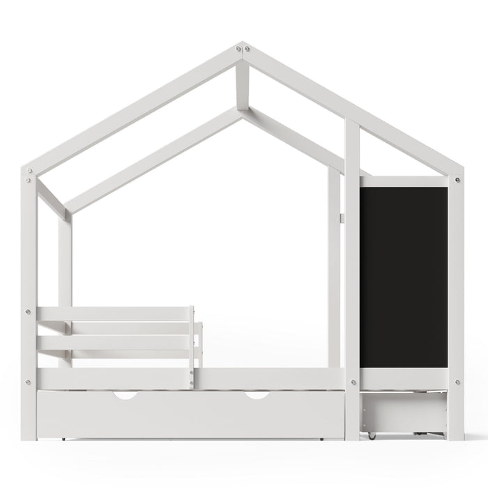 Twin House Bed With Blackboard And Drawers, 2 Assembly Options - White