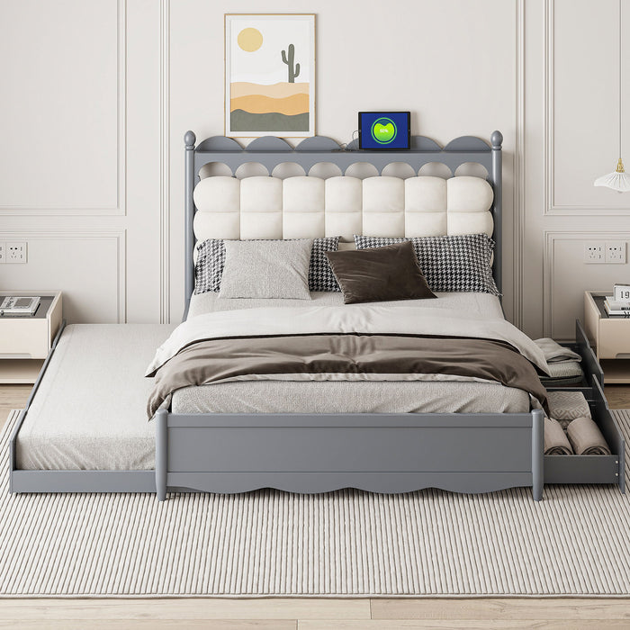 Storage Platform Bed, With 2 Big Drawers, Trundle, One Set Of Sockets & USB Ports