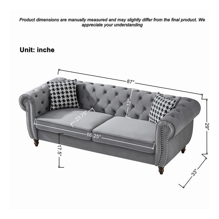 Chesterfield Velvet Upholstery Fabric Sofa With Roll Armrest & Nailhead